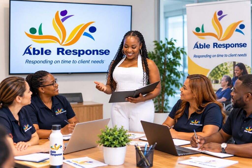 Able Response team meeting with support workers planning client care